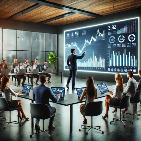 A team of business people collaborates in a meeting room, analyzing graphs on a large screen for an AI trading platform.